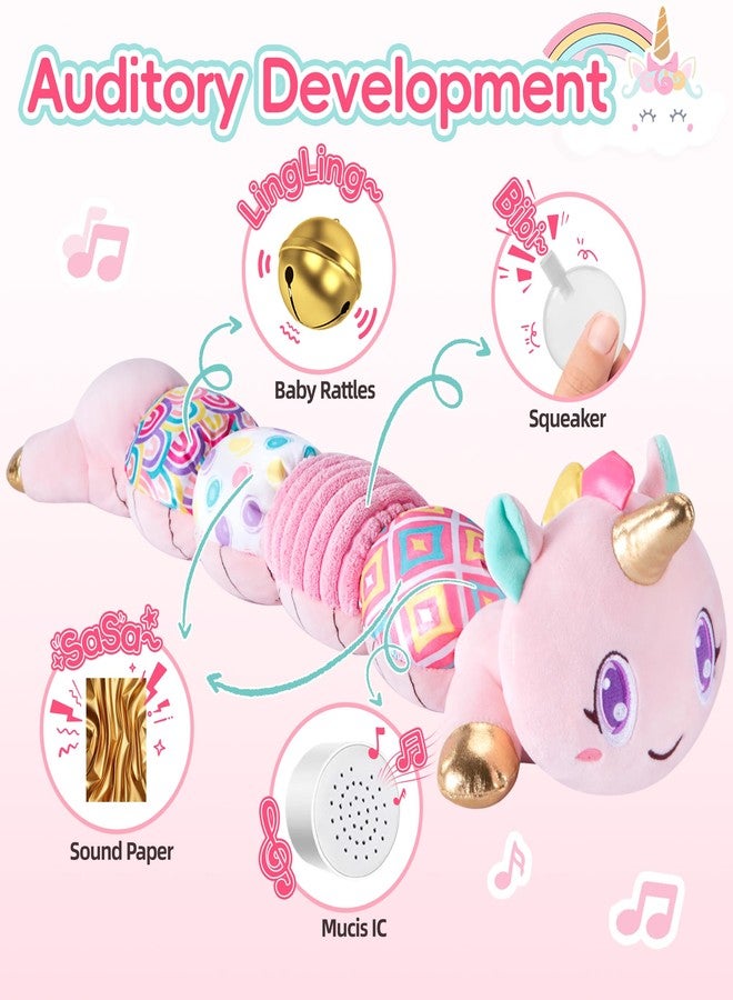 Lanbeby Unicorn Baby Toys 6-12 Months Infant Musical Stuffed Toys for Newborn Tummy Time Sensory toys for babies with Crinkle and Rattle 0-3-6-12 Months Old Baby Girl Must Have Christmas Birthday Gifts - Pink - Image 2