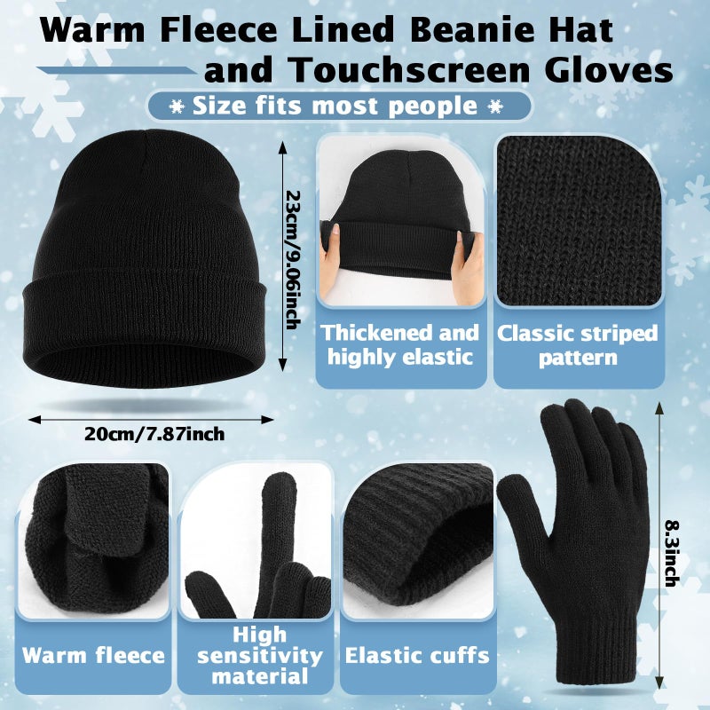Breathffy 4 Pcs Winter Hat Scarf Gloves Headband Set Knit Beanie Touch Screen Gloves Long Scarf Valentine Gift for Women Men(Minimalist Style,Black) - Image 2