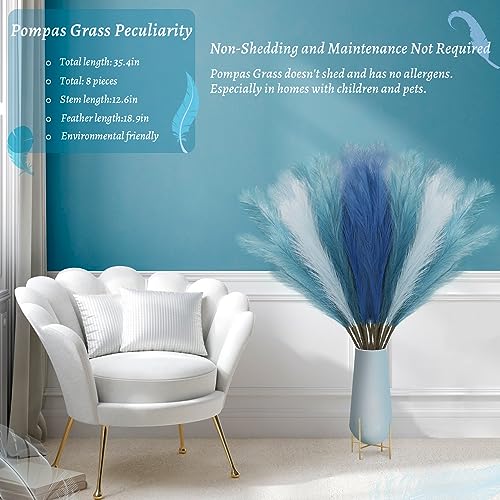 KALYLOC 9Pcs 3FT Colorful Faux Pampas Grass for Boho Decor, KALYLOC Non-Shedding Fluffy Artificial Bulrush, Tall Reed Fluffy Stems Vase Filler Living Room Wedding Decoration (Light Blue)… - Image 3