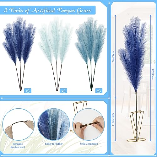 KALYLOC 9Pcs 3FT Colorful Faux Pampas Grass for Boho Decor, KALYLOC Non-Shedding Fluffy Artificial Bulrush, Tall Reed Fluffy Stems Vase Filler Living Room Wedding Decoration (Light Blue)… - Image 2
