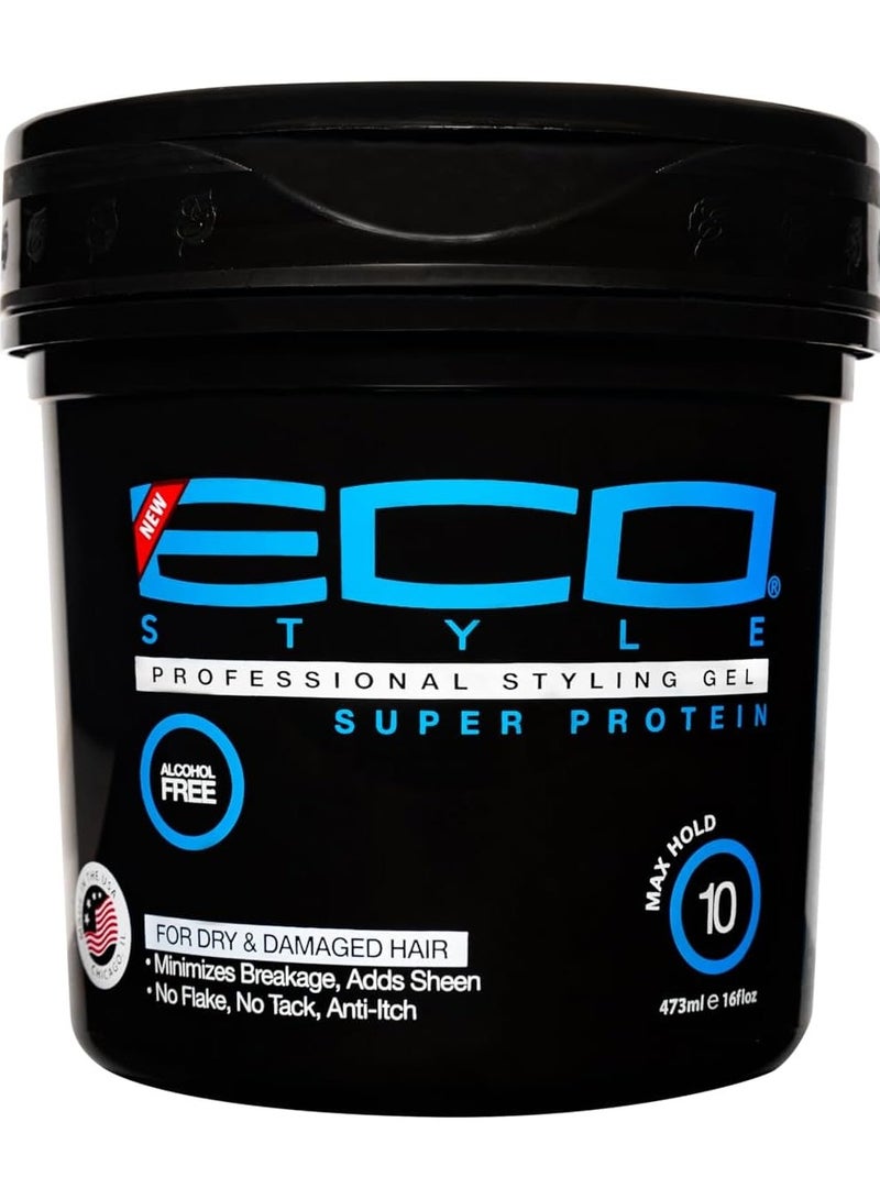 إيكو ستايل جل إيكو ستايلر سوبر بروتين | ٤٧٣ مل أقصى تثبيت | جل تصفيف خالٍ من الكحول لحماية الشعر من التكسر، ولمعانه، وقوته | للشعر الجاف والتالف