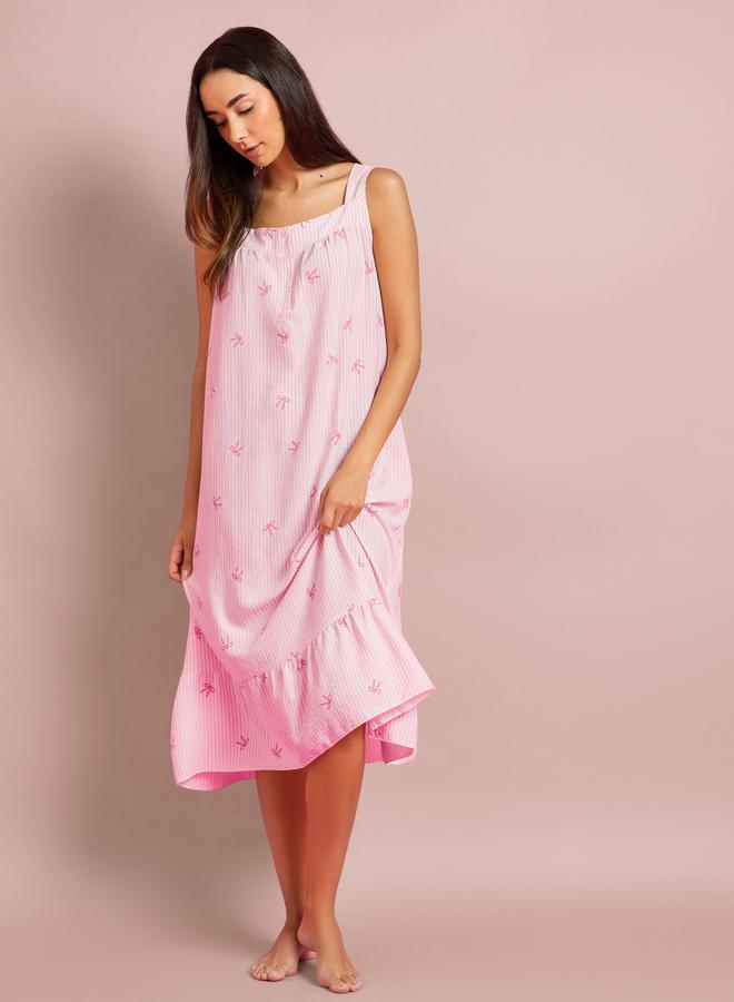 Styli Striped Placket and Pleat Detail Nightdress with Bow Print - Image 2