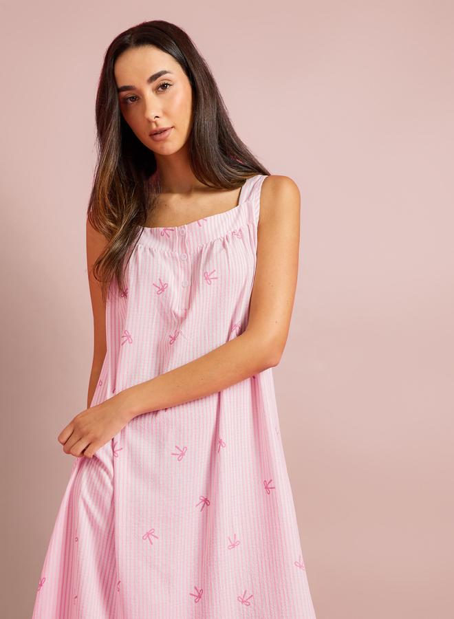 Styli Striped Placket and Pleat Detail Nightdress with Bow Print - Image 3
