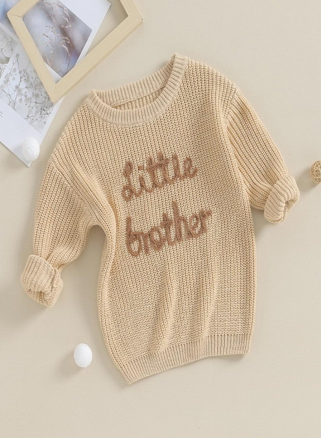 Yoawdats Toddler Baby Girl Boy Long Sleeve Knit Sweater Brothers Sisters Letter Embroidery Round Neck Pullover Fall Winter Tops (Little Brother Khaki, 0-3 Months) - Image 3