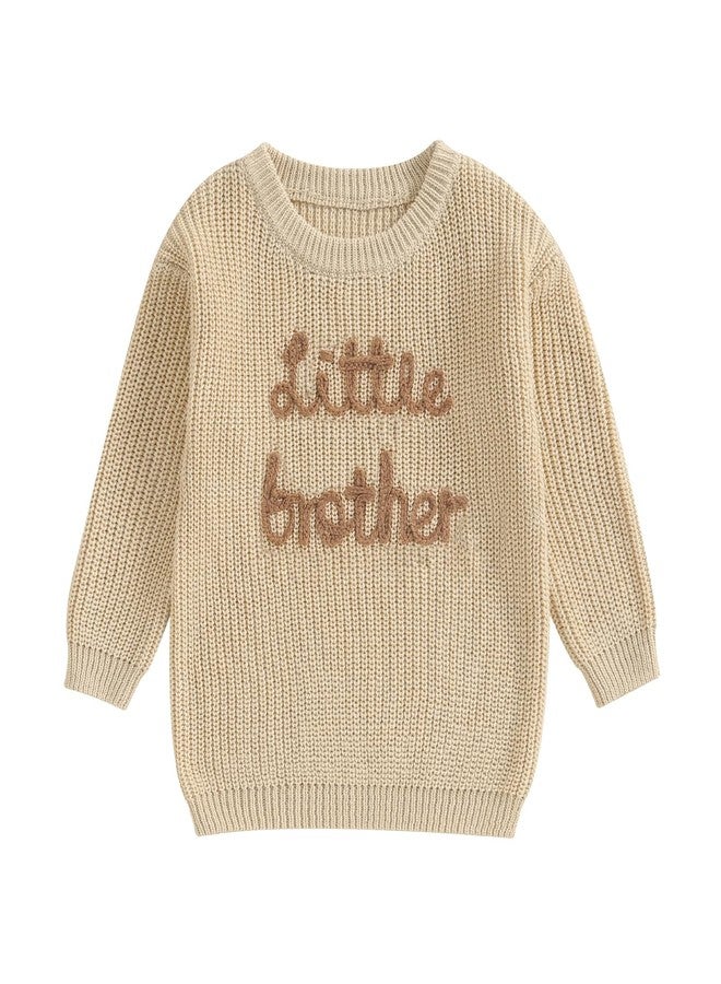 Yoawdats Toddler Baby Girl Boy Long Sleeve Knit Sweater Brothers Sisters Letter Embroidery Round Neck Pullover Fall Winter Tops (Little Brother Khaki, 0-3 Months) - Image 1