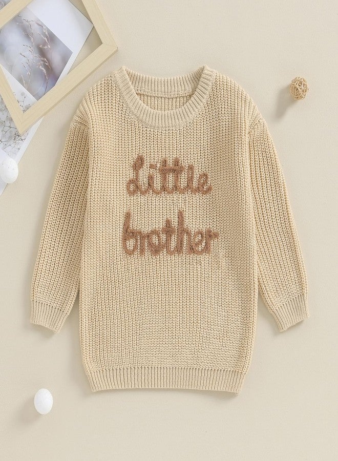 Yoawdats Toddler Baby Girl Boy Long Sleeve Knit Sweater Brothers Sisters Letter Embroidery Round Neck Pullover Fall Winter Tops (Little Brother Khaki, 0-3 Months) - Image 2