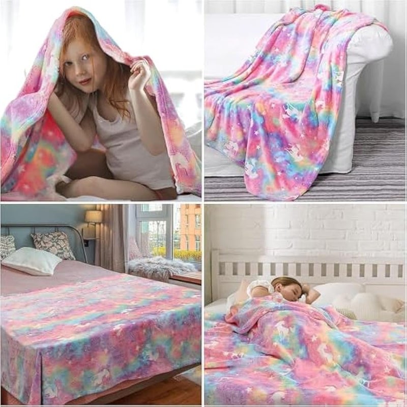 إسكدنيا Kids' Throws Blankets Glow in The Dark Blankets Super Cozy Plush Soft Fleece Blanket Girls Boys Birthday Gifts,Rainbow Blanket,for 3-12 Years Old Kids (pink) - Image 4