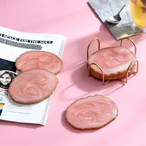 DULI Resin Coasters Set of 6 with Stand - Bar Wine Coasters for Table - Set of 6 Classy Yet Stylist Handmade Marble Stone Coaster Set with Holder (ResinCoasterW/G-Stand: Pink) - Image 1