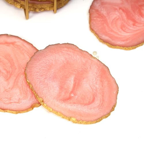 DULI Resin Coasters Set of 6 with Stand - Bar Wine Coasters for Table - Set of 6 Classy Yet Stylist Handmade Marble Stone Coaster Set with Holder (ResinCoasterW/G-Stand: Pink) - Image 5