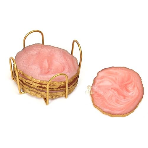 DULI Resin Coasters Set of 6 with Stand - Bar Wine Coasters for Table - Set of 6 Classy Yet Stylist Handmade Marble Stone Coaster Set with Holder (ResinCoasterW/G-Stand: Pink) - Image 3