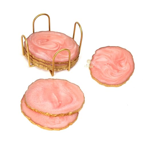 DULI Resin Coasters Set of 6 with Stand - Bar Wine Coasters for Table - Set of 6 Classy Yet Stylist Handmade Marble Stone Coaster Set with Holder (ResinCoasterW/G-Stand: Pink) - Image 4