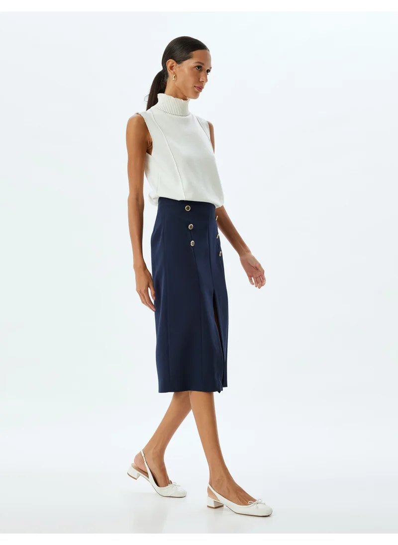 كوتون Cotton Pencil Midi Skirt with Front Slit and Button Detail