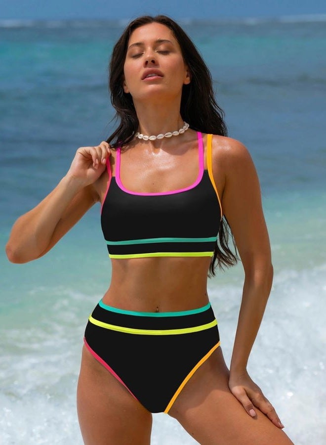 popvil High Waisted Bikini Sets: Neon Swimsuit for Women Sporty Color Block Two Piece High Rise Bathing Suit, Black2, M - Image 3