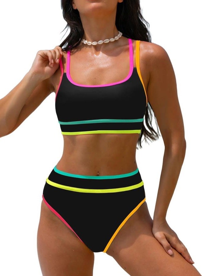 popvil High Waisted Bikini Sets: Neon Swimsuit for Women Sporty Color Block Two Piece High Rise Bathing Suit, Black2, M - Image 1