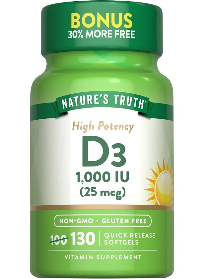 Nature's Truth Vitamin D3 1000 IU | 130 Softgels | High Potency D | Non-GMO, Gluten Free, Soy Free - Image 1