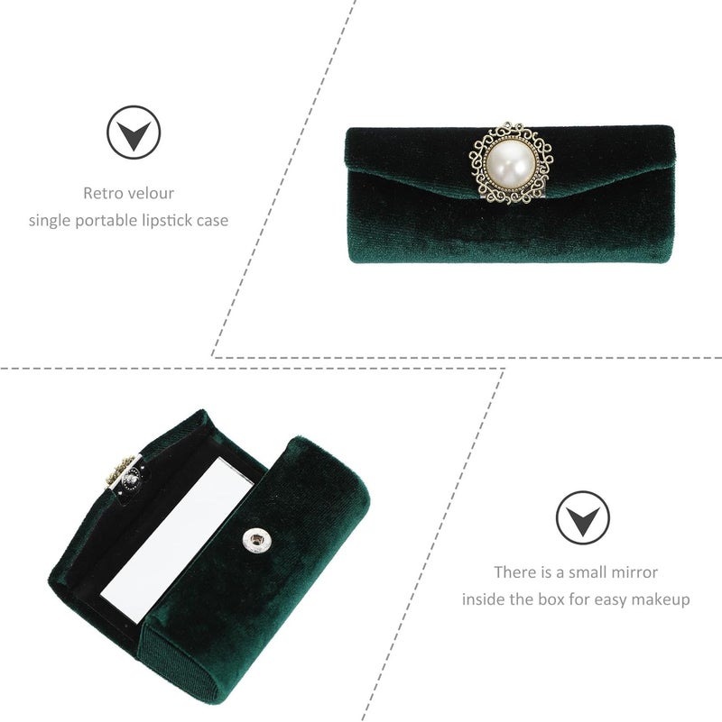 Vintage Lipstick Case for Women with Mirror, Classic Plush Lip Balm Holder Compact Travel Cosmetic Storage Box in Dark Green - Image 3