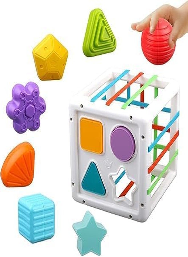 MAPA PLAY Child Shape Sorting Toy Montessori Sensory Toys with Blocks Colorful Cube and Alphabets, Shape Sorting Toy with Elastic Bands Fine Motor Skill, Preschool Learning Toys (Square-6+1) - Image 1