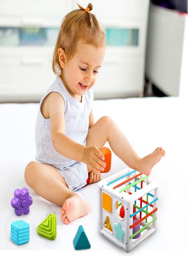MAPA PLAY Child Shape Sorting Toy Montessori Sensory Toys with Blocks Colorful Cube and Alphabets, Shape Sorting Toy with Elastic Bands Fine Motor Skill, Preschool Learning Toys (Square-6+1) - Image 5