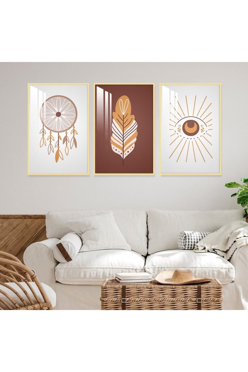 Marktna Three wooden wall painting in a bohemian art design with a frame and a clear acrylic layer - Image 1