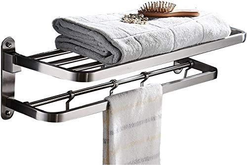 ELLO&ALLO ELLOALLO Stainless Steel Towel Racks for Bathroom Shelf Double Towel Bar Holder with Hooks Wall Mounted Multifunctional Foldable Brushed Nickel 