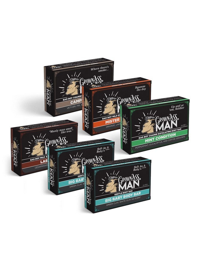 Grown Ass Man Co. Exfoliating Body Barssolid Soap Bar Rich Lather With Natural Oils & Gentle Scrub For Menplastic Free & Ecofriendly Natural & Organic Deep Clean For All Skin Types 4Oz Bar (Variety 6Pack)  - Image 1