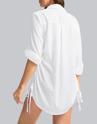 Soothfeel قمصان حماية من الشمس بأكمام طويلة للنساء UPF 50+ للصيد والمشي والتنزه مع أزرار (أبيض، L) - Image 3