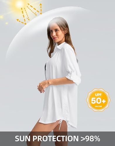 Soothfeel قمصان حماية من الشمس بأكمام طويلة للنساء UPF 50+ للصيد والمشي والتنزه مع أزرار (أبيض، L) - Image 2