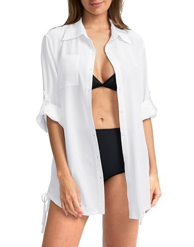 Soothfeel قمصان حماية من الشمس بأكمام طويلة للنساء UPF 50+ للصيد والمشي والتنزه مع أزرار (أبيض، L) - Image 1