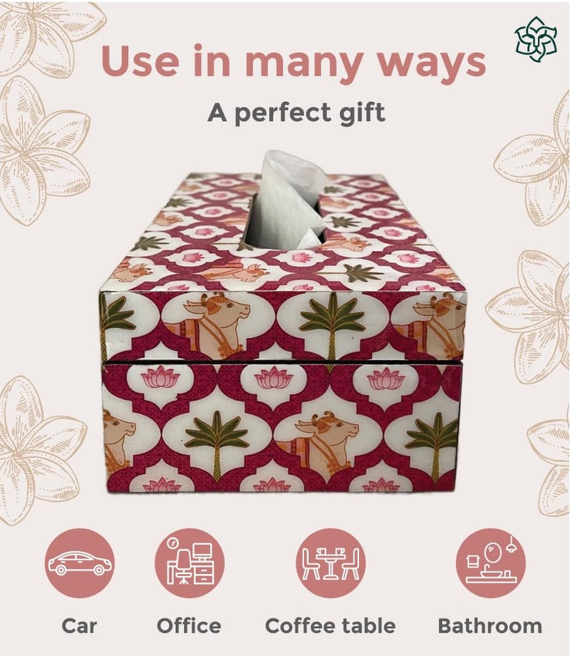MaatirDesigns Maatir Premium Wooden White Pink Pichwai Tissue Box Cover Tissue Box Holder for Car Home - Image 2