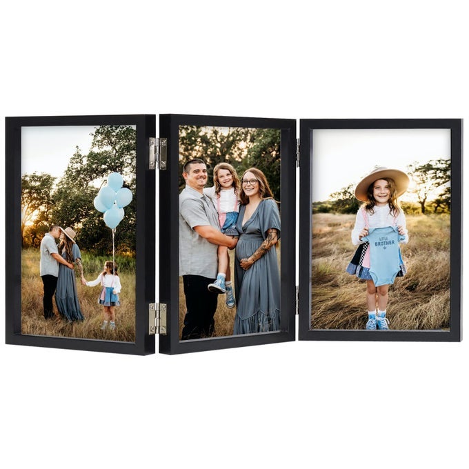 TRIPLE 4X6 PHOTO FRAME HINGED FOLDING WOOD PICTURE FRAME WITH GLASS FRONT STAND VERTICAL ON DESKTOP BLACK