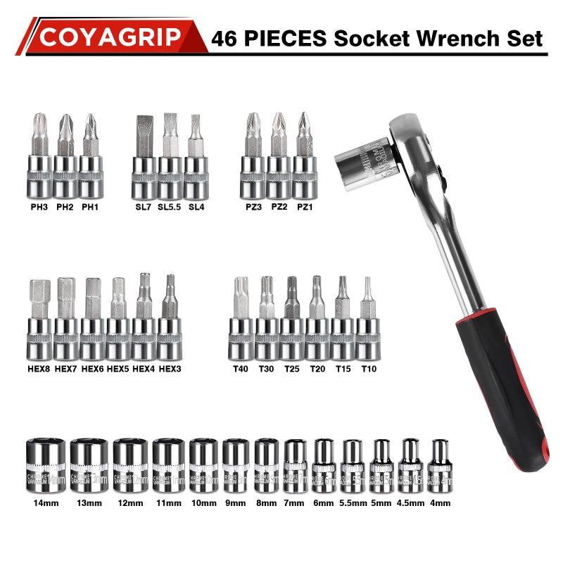 COYAGRIP 46PCS Socket Ratchet Wrench Set, 1/4 Inch Drive Small Tool Set with Screwdriver Bit Sockets Extension Bar and Storage Case, Metric Socket Set for Car Repair and Home Use - Image 3