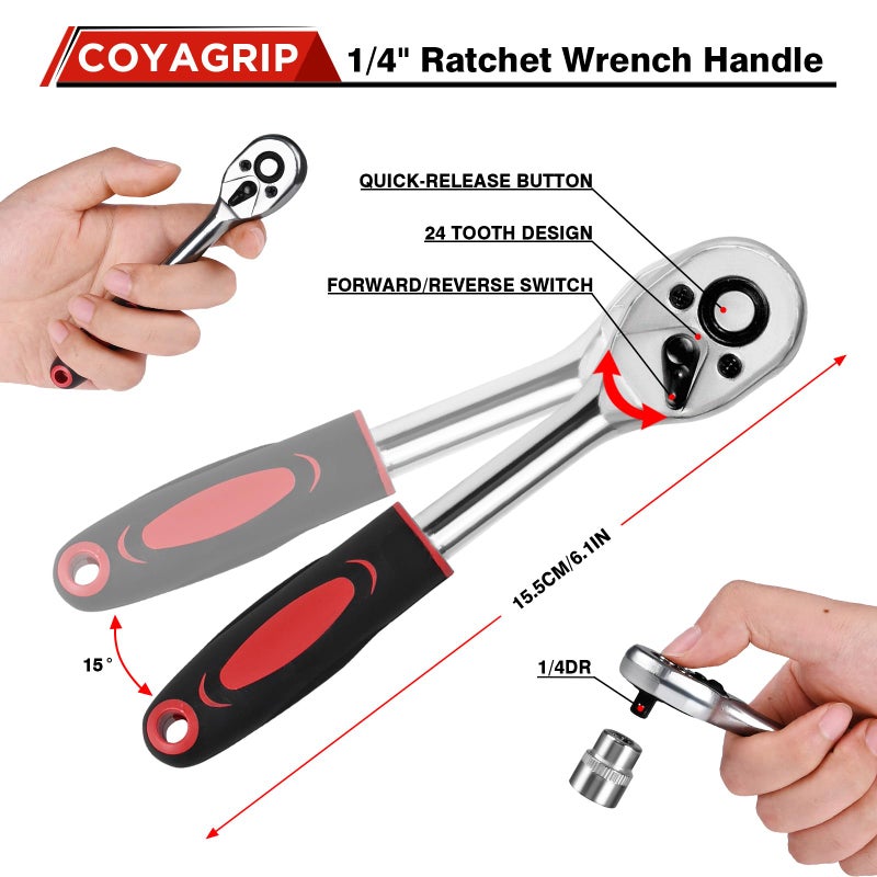 COYAGRIP 46PCS Socket Ratchet Wrench Set, 1/4 Inch Drive Small Tool Set with Screwdriver Bit Sockets Extension Bar and Storage Case, Metric Socket Set for Car Repair and Home Use - Image 5