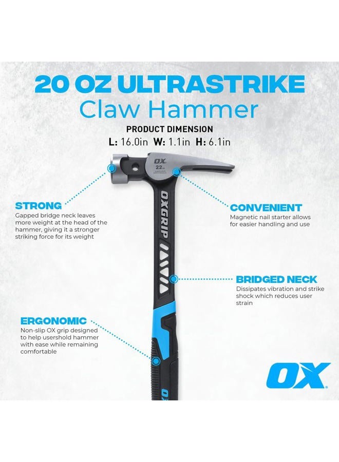 OX TOOLS Pro 20 Ounce Straight Claw Framing Hammer with Anti Vibration Neck | Steel Shaft & Comfort Grip | OX-P087320 - Image 2