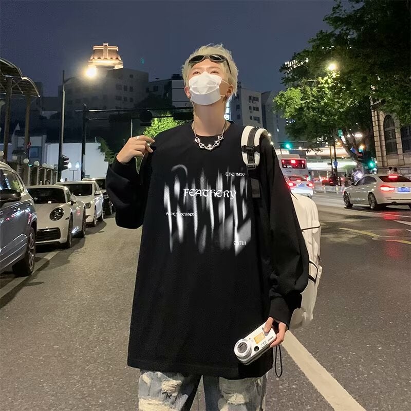 American Style Retro Long-sleeved T-shirt Mens Autumn Fashion Brand Fuzzy Letter Printing High-grade Sense Loose Round Neck Pure Cotton Top Short sleeve t-shirt - Image 1