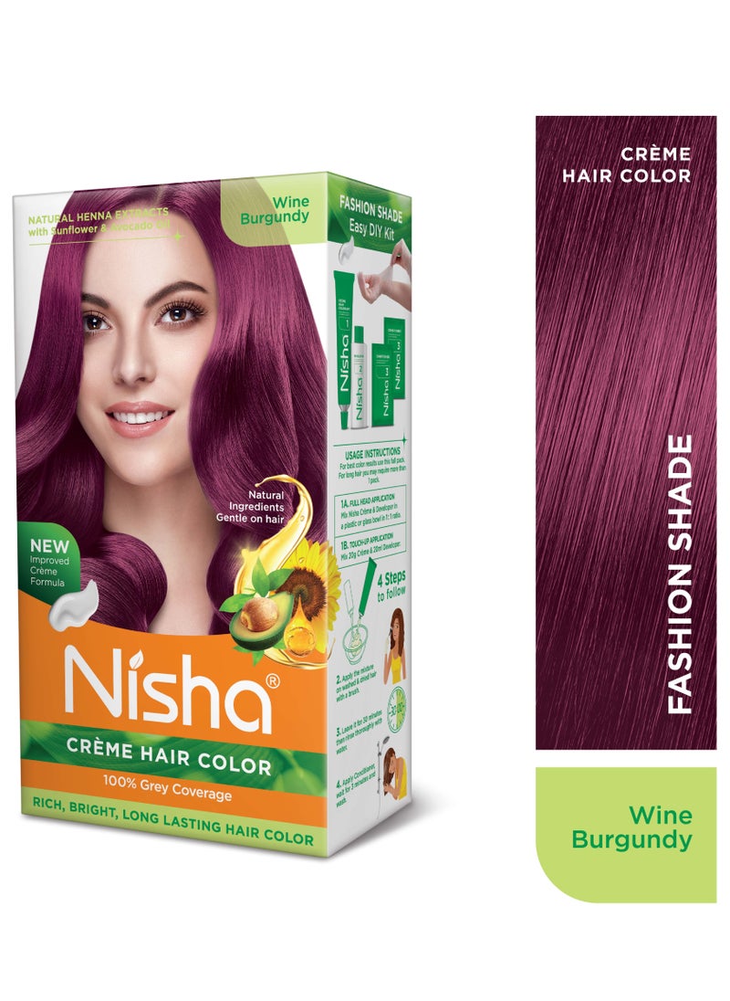Nisha - Crème Hair Color, Long-Lasting Permanent Burgundy Hair Dye Color, Wine Burgundy, (60gm+60ml+18ml) - Image 1