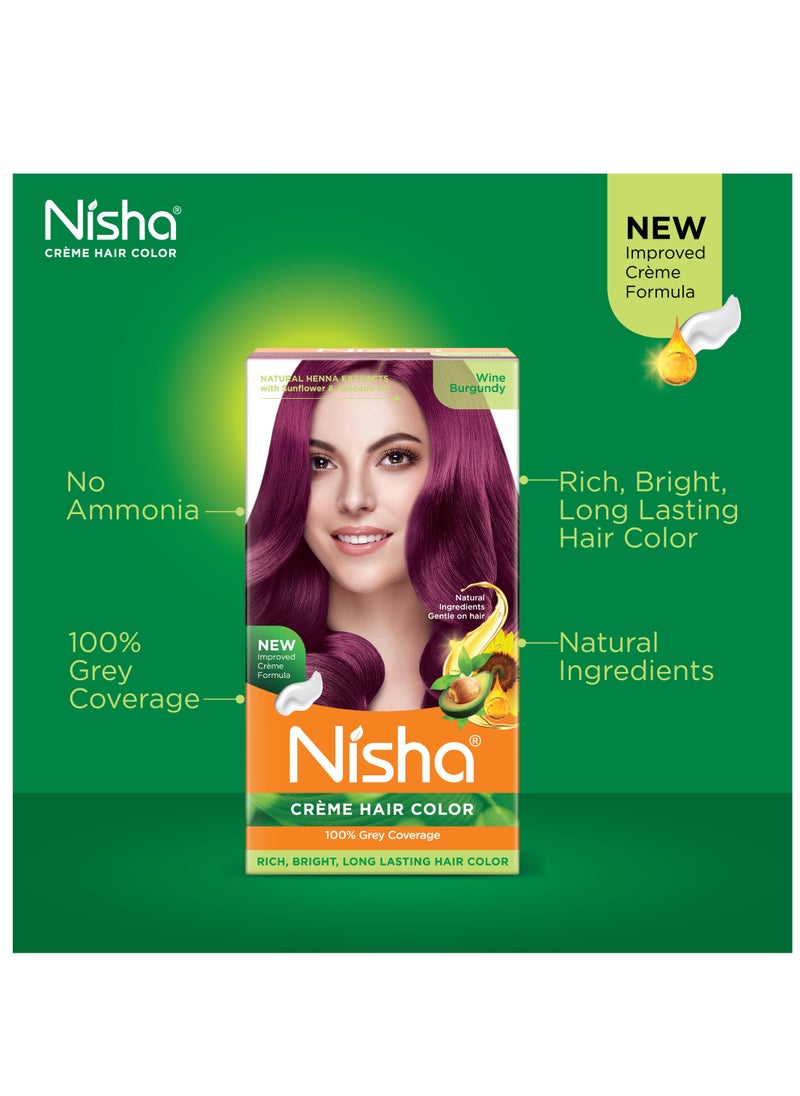 Nisha - Crème Hair Color, Long-Lasting Permanent Burgundy Hair Dye Color, Wine Burgundy, (60gm+60ml+18ml) - Image 1