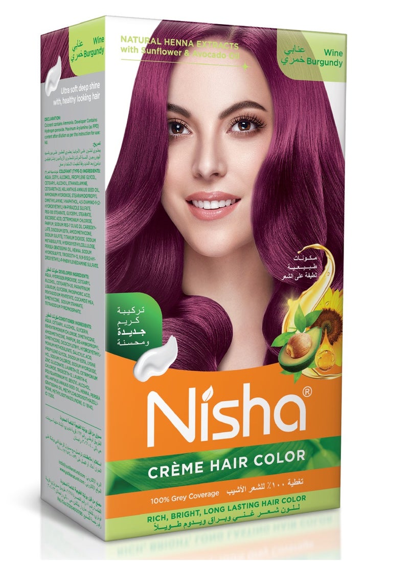 Nisha - Crème Hair Color, Long-Lasting Permanent Burgundy Hair Dye Color, Wine Burgundy, (60gm+60ml+18ml) - Image 1