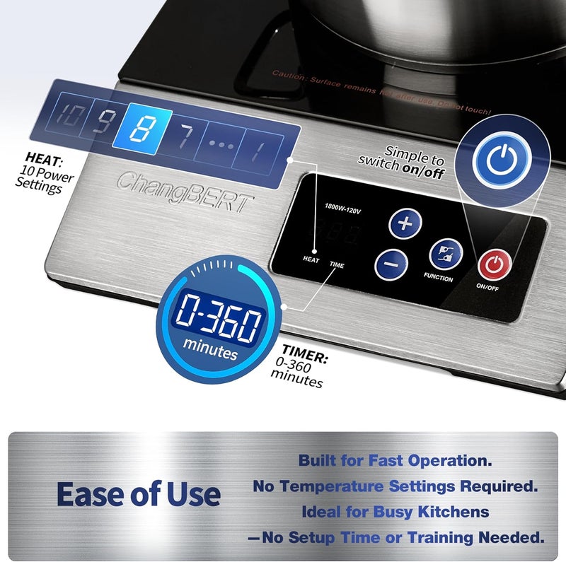 CHANGBERT 1800W Commercial Grade Induction Cooktop, NSF Certified Portable Large 8" Heating Coil, 12" Heat Resistant Cooking Surface Premium Stainless Steel Pro Chef Professional Burner Hot Plate - Image 2