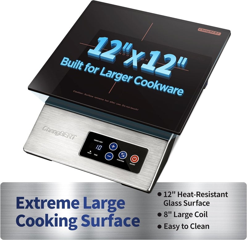 CHANGBERT 1800W Commercial Grade Induction Cooktop, NSF Certified Portable Large 8" Heating Coil, 12" Heat Resistant Cooking Surface Premium Stainless Steel Pro Chef Professional Burner Hot Plate - Image 3