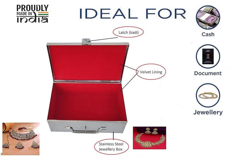 GvanyS Stainless Steel Jewellery Box for Ornaments Bank Locker Safe Storage Container Cash Peti Pooja peti with Cushion with Velvet Lining Size 9 Inch W23 cm L155 cm H75 cm - Image 2
