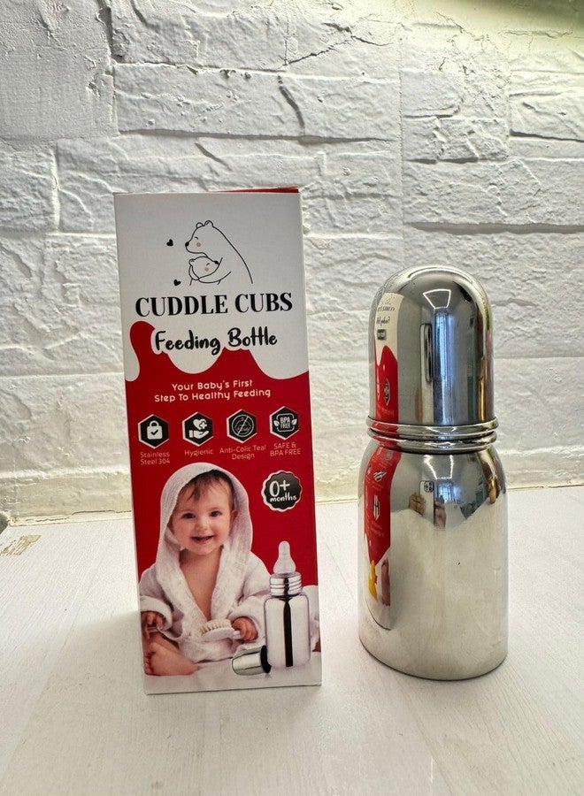 AGRIVEDA Stainless Steel Baby Feeding Bottle, 150 ml, with Silicone Nipple, BPA Free, for 0+ Months - Image 1
