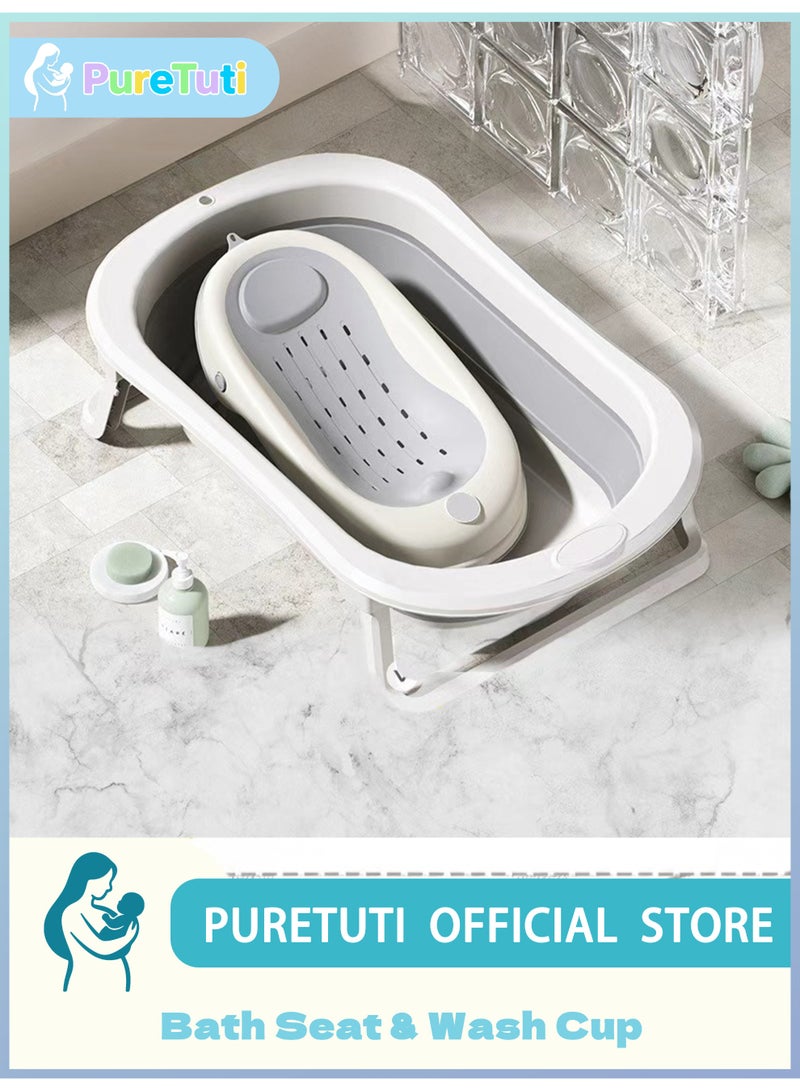 PureTuti 5-in-1 Foldable Baby Bath Set – Includes Bathtub, Bath Chair, Shower Cap, Shampoo Cup & Brush | BPA-Free PP + TPE Materials | Space-Saving & Temperature-Locking Design - Image 1