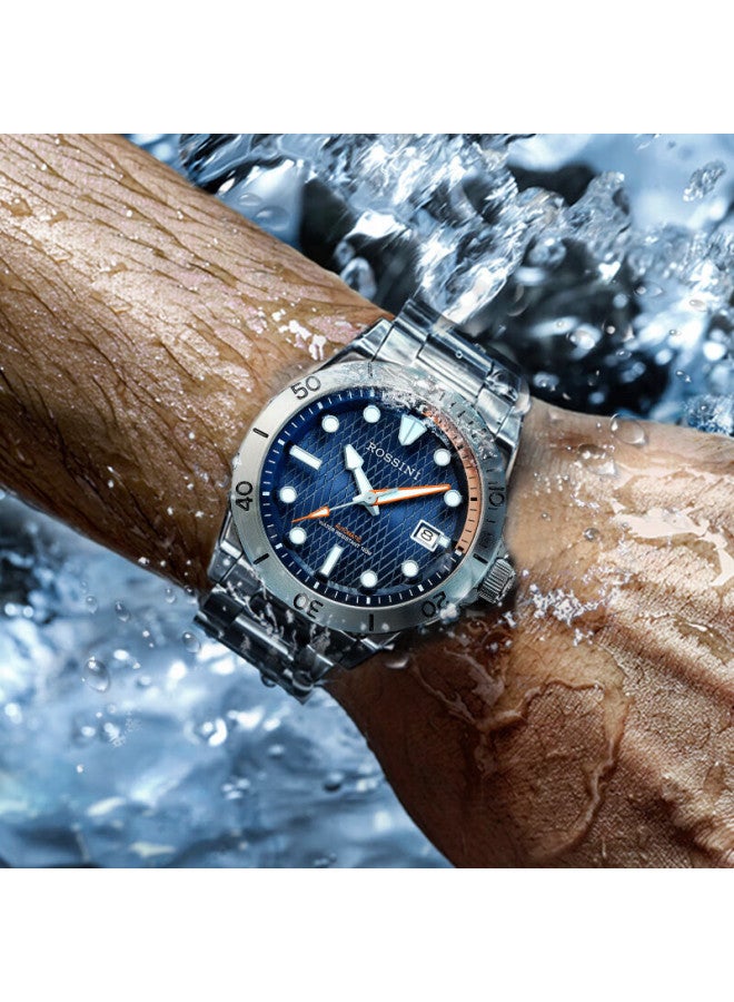 Rossini Men's Watch, Men's Wrisch, Gift For Men, Luminous Sports Diving Mechanical Watch With Blue Dial And Steel Strap 5240219 - Image 2