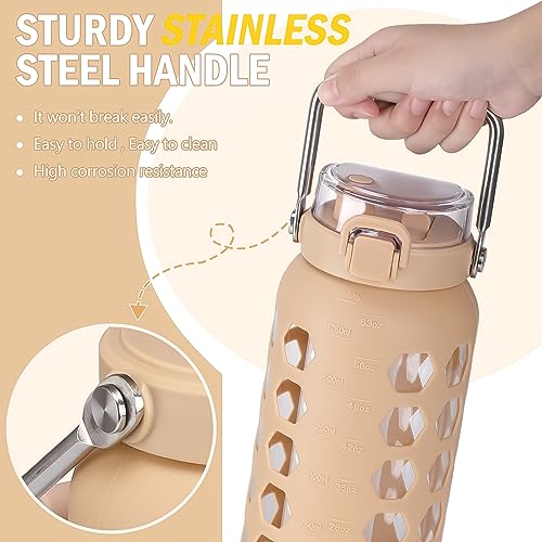 MUKOKO 64oz Glass Water Bottles with Straw and Lid,Half Gallon Water Bottle with Time Marker,Large Glass Water Jug with Silicone Sleeve and Stainless Steel Handle-Amber - Image 2