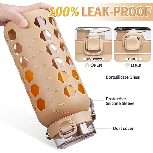 MUKOKO 64oz Glass Water Bottles with Straw and Lid,Half Gallon Water Bottle with Time Marker,Large Glass Water Jug with Silicone Sleeve and Stainless Steel Handle-Amber - Image 4