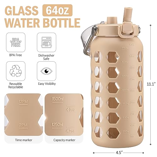 MUKOKO 64oz Glass Water Bottles with Straw and Lid,Half Gallon Water Bottle with Time Marker,Large Glass Water Jug with Silicone Sleeve and Stainless Steel Handle-Amber - Image 3