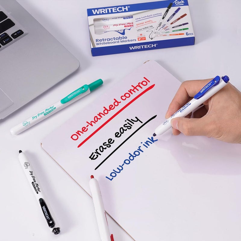 WRITECH Retractable Dry Erase Markers: Fine Point Clickable Colored Ink Marker Low Odor Erasable Thin Tip Refillable Multicolor Whiteboard Marker Pen Set 6ct No Smear Bleed - Image 4