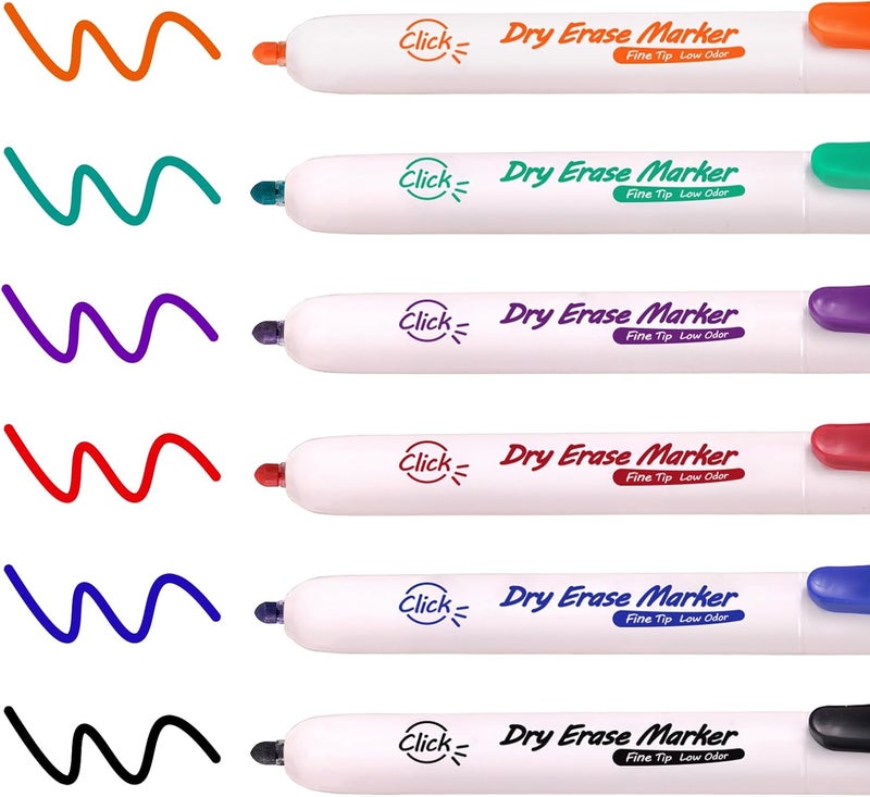 WRITECH Retractable Dry Erase Markers: Fine Point Clickable Colored Ink Marker Low Odor Erasable Thin Tip Refillable Multicolor Whiteboard Marker Pen Set 6ct No Smear Bleed - Image 2