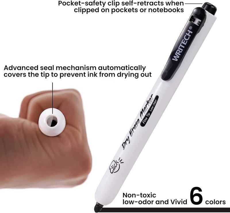 WRITECH Retractable Dry Erase Markers: Fine Point Clickable Colored Ink Marker Low Odor Erasable Thin Tip Refillable Multicolor Whiteboard Marker Pen Set 6ct No Smear Bleed - Image 3