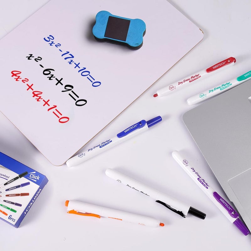 WRITECH Retractable Dry Erase Markers: Fine Point Clickable Colored Ink Marker Low Odor Erasable Thin Tip Refillable Multicolor Whiteboard Marker Pen Set 6ct No Smear Bleed - Image 5